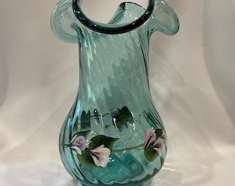 Hand Painted Turquoise Swirl Glass Vase Purple Sweet Peas Mother's Day Wedding Gift