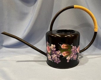 Hand Painted Watering Can Black Metal Berry Pink Roses Purple Flowers Hydrangeas Daisies Mother's Day Garden Tools