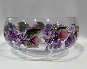 Hand Painted Glass Bowl Berry Pink Roses Purple and White Flowers Daisies Hydrangeas Violets Gift for Mom Mother's Day