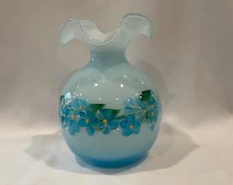 Hand Painted Light Blue Glass Vase Turquoise Blue White Flowers Daisies Hydrangeas Green Leaves Gift for Her Mother's Day Birthday