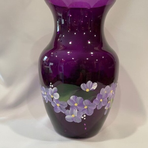 Hand Painted Dark Purple Glass Vase Purple Lavender White Flowers Daisies Hydrangeas Green Leaves Mother's Day Easter Birthday