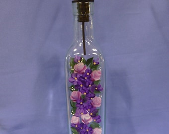 Hand Painted Olive Oil Bottle Dispenser Pink Roses Purple Daisies Flowers Butterfly Gift for Mom
