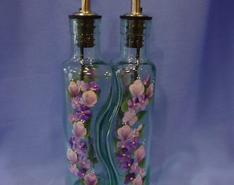 Hand Painted Oil and Vinegar Bottle Set Olive Oil Dispenser Pink Roses Purple Flowers