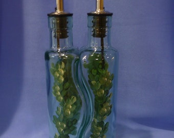 Hand Painted Oil and Vinegar Bottle Set: Green Berries & Leaves