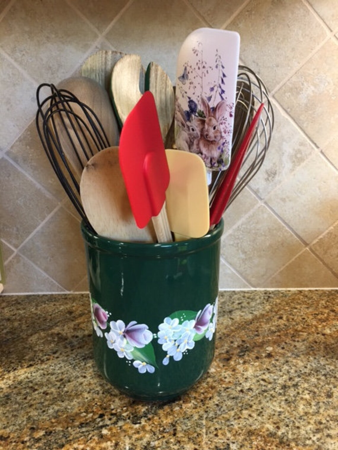Hand Painted Forest Green Ceramic Utensil Holder Crock Vase Etsy