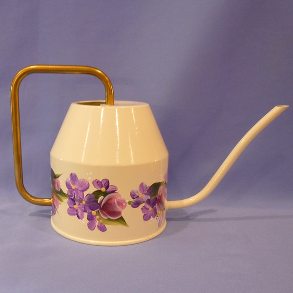 Watering Can Hand Painted Ivory Enamel Watering Can Pink Roses Purple Hydrangeas Garden Tools Mother's Day Gift for Gardener