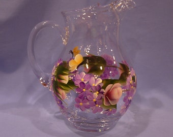 Hand Painted MIKASA Glass Pitcher Beverage Container Berry Pink Roses Purple White Flowers Daisies Hydrangeas Butterflies Mother's Day