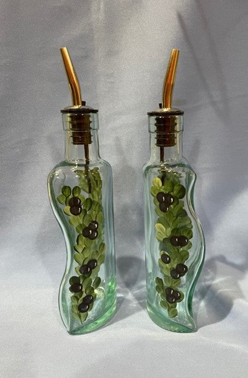 Hand Painted Oil and Vinegar Bottle Set Olive Oil Dispenser Blue Berries Vine Leaves Gift for Dad image 6