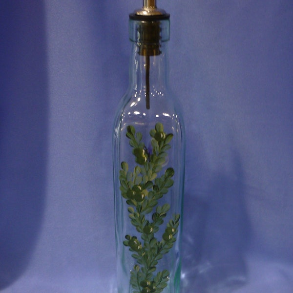 Hand Painted Olive Oil Bottle Dispenser Green Berries Leaves Vine Butterfly Gift for Dad