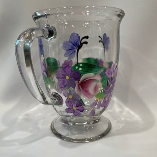 Hand Painted Glass Mug Pink Roses Purple White Hydrangeas Daisies Flowers Butterflies Mother's Day