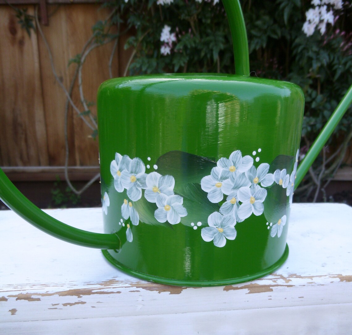Hand Painted Watering Can Spring Green Metal White Flowers Etsy