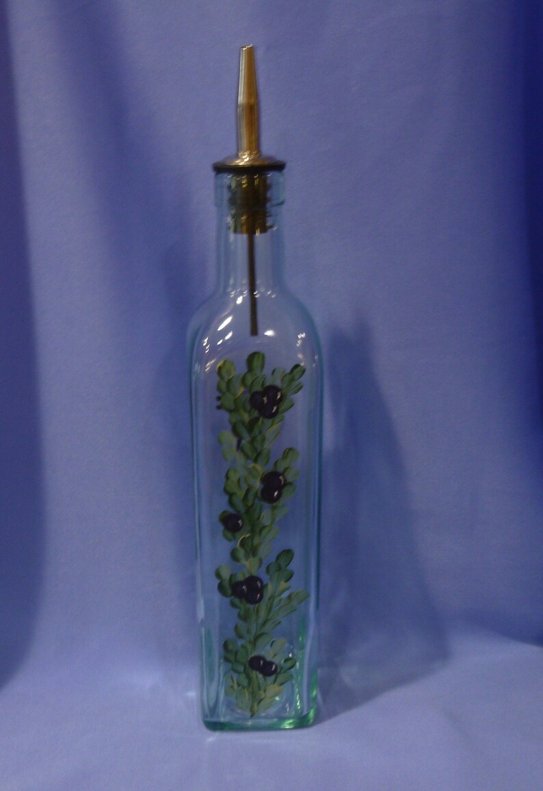 Hand Painted Olive Oil Bottle Dispenser Blue Berries Leaves Vine Butterfly Gift for Dad image 2