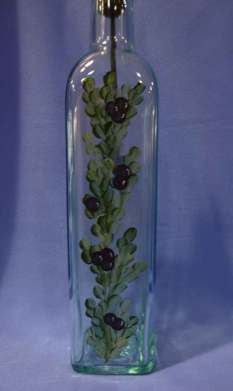 Hand Painted Olive Oil Bottle Dispenser Blue Berries Leaves Vine Butterfly Gift for Dad image 4