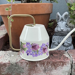 Hand Painted Ivory Enamel Watering Can: Pink Roses & Purple Hydrangeas