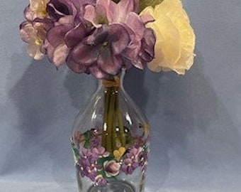 Hand Painted Glass Vase Pink Roses Purple White Flowers Hydrangeas Daisies Violets Valentine's Gift for Her