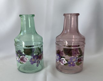 Hand Painted Glass Vases Pink or Green Berry Pink Roses Purple flowers Daisies Gift for Her Mother's Day