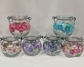 Hand Painted Glass Tealight Holder with Metal Handle Choice of Flower Design