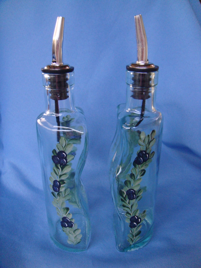 Hand Painted Oil and Vinegar Bottle Set Olive Oil Dispenser Blue Berries Vine Leaves Gift for Dad image 2