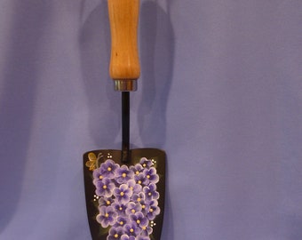 Reduced-Hand Painted Hand Trowel Spade Garden Tool Blue Hydrangeas Violets Butterfly Garden Decor