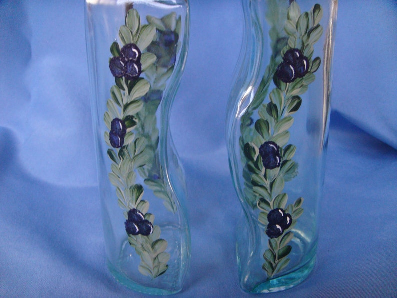 Hand Painted Oil and Vinegar Bottle Set Olive Oil Dispenser Blue Berries Vine Leaves Gift for Dad image 3