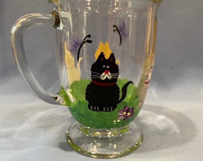 Hand Painted Glass CAT Mug Cat Lover Kitty Cat Pet Lover Mother's Day White Tabby Black Gray Cats