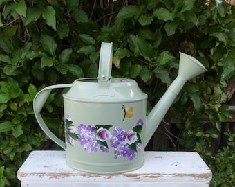 Hand Painted Light Sage Green Enamel Watering Can Pink Roses Purple Daisies Hydrangeas Flowers Butterflies Garden Tools