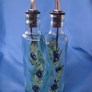 Hand Painted Oil and Vinegar Bottle Set Olive Oil Dispenser Blue Berries Vine Leaves Gift for Dad image 1