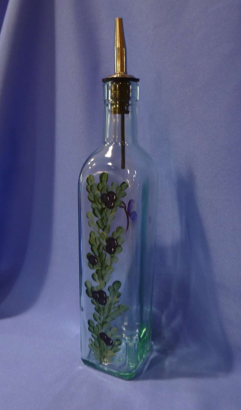 Hand Painted Olive Oil Bottle Dispenser Blue Berries Leaves Vine Butterfly Gift for Dad image 1