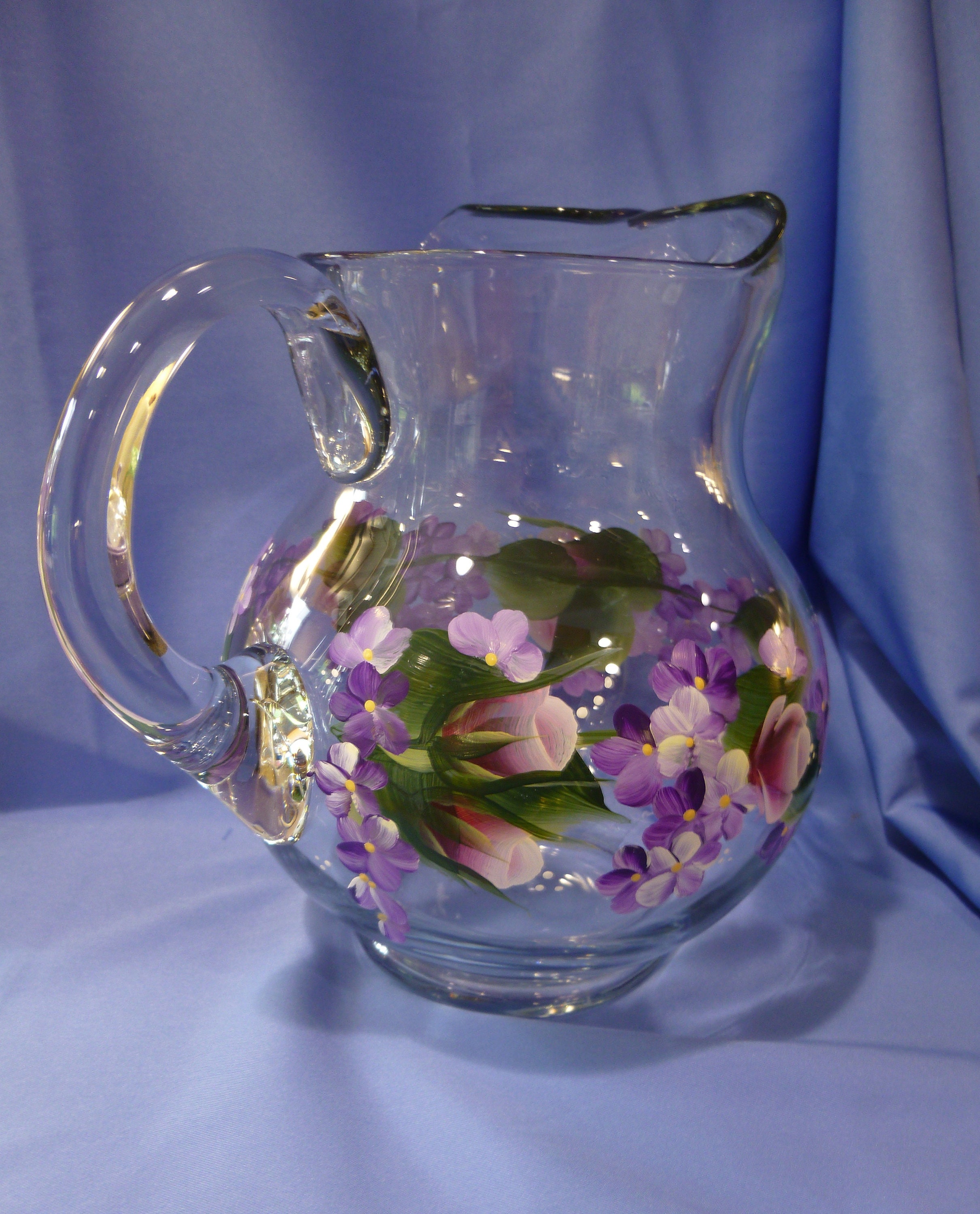 Hand Painted Glass Pitcher Beverage Container Pink Roses Etsy