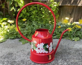 Hand Painted Watering Can Red Metal White  Flowers Hydrangeas Daisies Butterflies Mother's Day Garden Tools