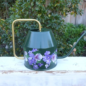 Hand Painted Enamel Watering Can: Pink Roses, Purple Hydrangeas