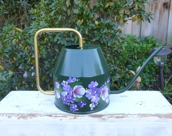 Watering Can Hand Painted Dark Green Enamel Watering Can Pink Roses Purple Hydrangeas Garden Tools Mother's Day NO BUTTERFLY