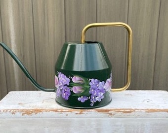 Watering Can Hand Painted Dark Green Enamel Watering Can Pink Roses Purple Hydrangea Mother's Day WITH BUTTERFLY