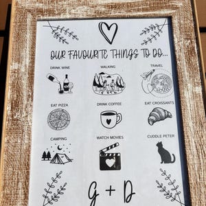 Stampa personalizzata delle cose preferite: illustrazione digitale personalizzata di hobby e interessi, decorazione murale per coppie o singoli individui, regalo stampabile.