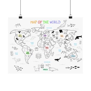 World Map with Native Animals | Educational Kids Print | Nursery or Classroom Wall Art | A4 Wildlife Poster | Animal Map for Children