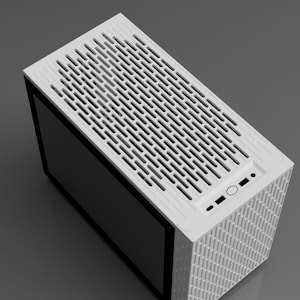 May include: A white computer case with a perforated top panel and a side panel. The front and side panels have a textured pattern. The case has a power button and other ports on the front.