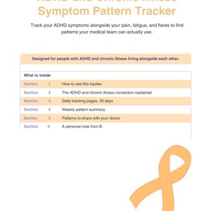 May include: A document titled ADHD and Chronic Illness Symptom Pattern Tracker by BEYONDTHEFLARE. It includes a table of contents with six sections, a description of the tracker's purpose, and a large orange awareness ribbon in the bottom right corner.