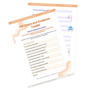 May include: A stack of white paper documents titled "PIP Claim and Evidence Toolkit." The documents have orange and peach accents and include text about personal independence payment and support. The text includes a list of topics.