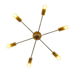 May include: A modern, starburst-style chandelier with six arms extending from a central hub. Each arm holds a small, cylindrical gold-toned light fixture with a warm, glowing bulb. The fixture is set against a white background.