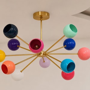 Mid Century 12 Arm Multicolour Shade Brass Ceiling Chandelier Light Italian Modern Lighting Fixture Sputnik Stilnovo Vintage