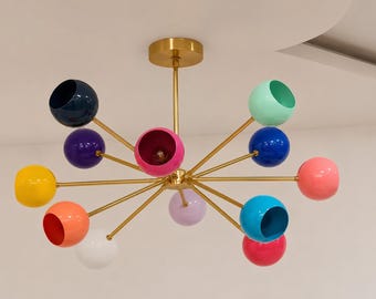 Lampadario da soffitto in ottone a 12 bracci multicolore di metà secolo, apparecchio di illuminazione moderno italiano Sputnik Stilnovo Vintage