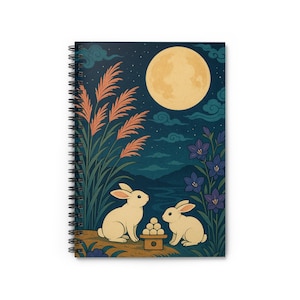 Cahier à spirale Lapin au clair de lune | Joli journal de papeterie, cadeau pour les amoureux des lapins, décoration phases de lune, bloc-notes écologique, [...]