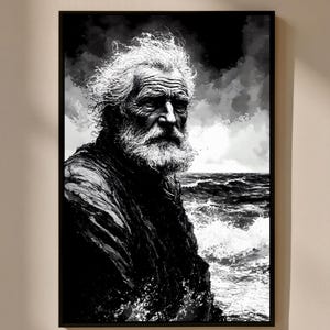 May include: Black and white framed print of an elderly person with a long white beard, gazing out at a stormy sea. The artwork is a portrait, with the subject's face and upper body in sharp focus against a blurred background of waves and clouds.