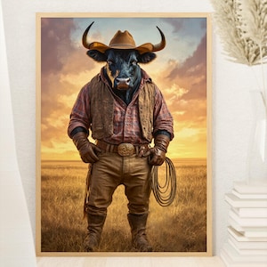 Op de afbeelding: Een ingelijste print met een stier met een cowboyhoed, geruit overhemd, vest en laarzen, die een lasso vasthoudt. De achtergrond toont een zonsondergang boven een grasvlakte.