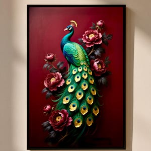 Könnte beinhalten: Gerahmtes Kunstwerk mit einem Pfau mit smaragdgrünen und goldenen Federn, vor einem tiefroten Hintergrund. Der Pfau ist von burgunderfarbenen Pfingstrosen umgeben. Das Kunstwerk ist in einem schwarzen Rahmen eingefasst.