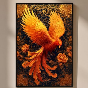 Lot de 3 - oeuvres d'art murales phénix, impression d'oiseau bohème, affiche phénix mythique, peinture au feu, décoration murale oiseau fantastique, impression d'art maison bohème chic