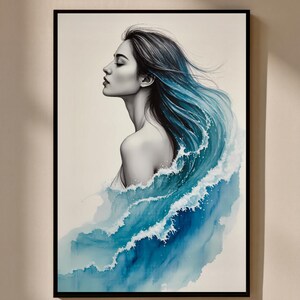 May include: A framed art print featuring a woman with flowing blue hair, integrated with a watercolor depiction of ocean waves. The artwork is predominantly blue and white, with a black frame, creating a serene and artistic aesthetic.