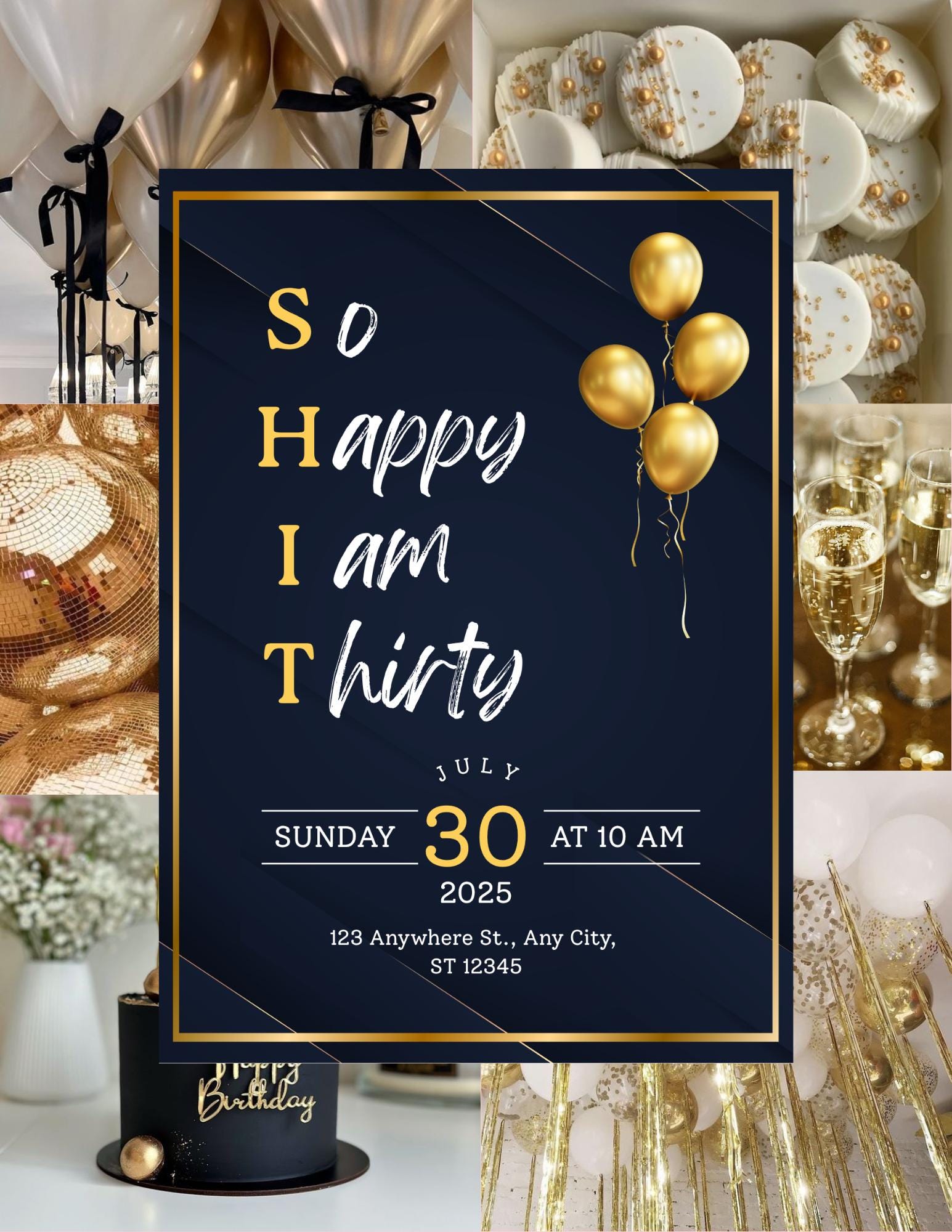 Editable 30th Birthday Invitation - So happy I am thirty - Digital Download, Canva Template, Printable Invite for her
