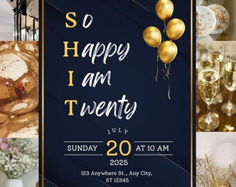 Editable 20th Birthday Invitation - So happy I am twenty - Digital Download, Canva Template, Printable Invite for her