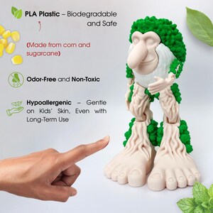 May include: A beige and green toy figure with a large nose and feet. The figure has green hair and is made of PLA plastic, which is biodegradable and safe. The image text states it is odour-free, non-toxic, and hypoallergenic.